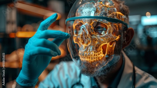 With an innovative glass mask  a professor visualize the human skulls structure  an instant demonstration of anatomy courtesy of modern technology.