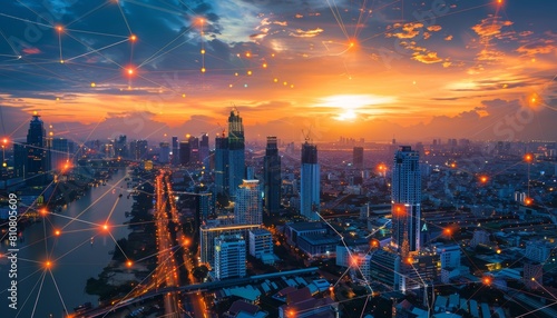 Skyline della città moderna con linee luminose che rappresentano una rete interconnessa, a simboleggiare la connettività della città photo