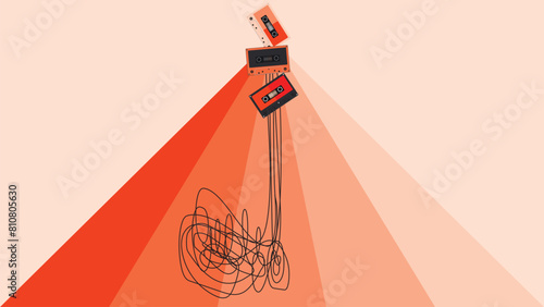Retro style audio cassette tapes with strip line, flat design illustration. suitable for vintage background. isolated on orange background and have blank space for text