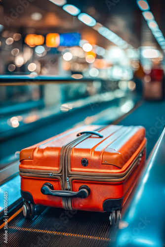 A red suitcase is sitting on an airport escalator. The suitcase is the main focus of the image, and it is waiting for its owner to pick it up. Concept of anticipation and travel