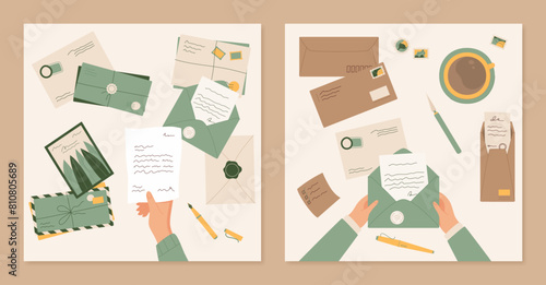 Character send mail social media design, flat hands read handwritten letter, cartoon woman send craft invitation letter with paper note background, creative greeting post card illustration.
