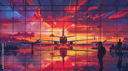 Vista dell'aereo dalla sala d'attesa del terminal dell'aeroporto al tramonto photo