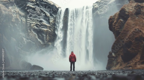 Beautiful waterfall in Iceland waterfall, a man standing under the majestic waterfall.