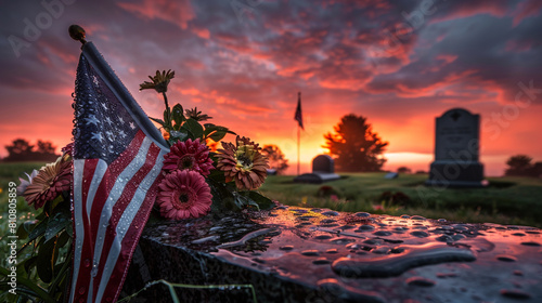 Dewy morning scene at a veteran's grave with a Memorial Day flag and fresh flowers.