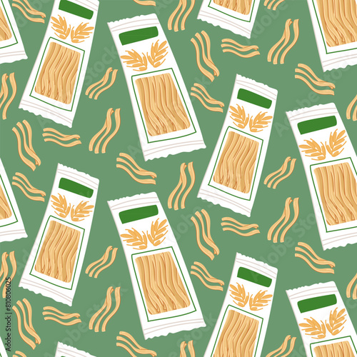 Pattern of pasta noodles in a white bag designed for storage. Culinary topics, food marketing. Flat vector illustration, seamless texture for product packaging. Paste is scattered on the green