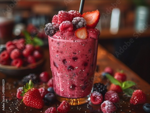 A smoothie made from fresh berries, in dark cafe