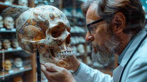 The professor examines an ancient human skull up-close, the studied gaze two-fold—in identifying both the age and racial lineage. photo