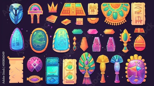 Modern illustration of an ancient Egypt clay plate. Ancient paper used to store information, ancient symbols of religion, graphic user interface for games.