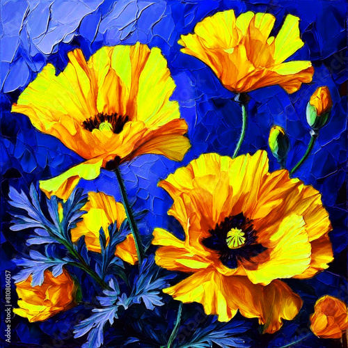 Floral colourful dreamy watercolour oil painting splash colour of California-poppy flowers