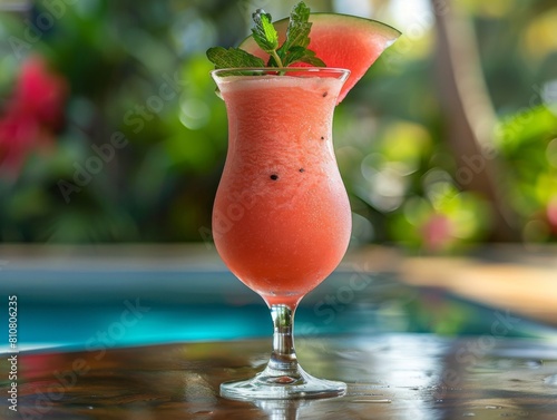 A watermelon daiquiri standing on a table by the pool.