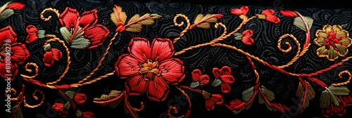 Exquisite Hungarian embroidery featuring vibrant floral patterns on a dark background photo