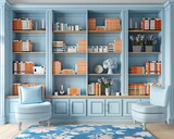 A tasteful bookcase set against blue-grey walls, adorned with books and tasteful ornaments, giving off a classic vibe