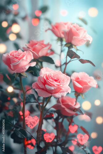 A bouquet of pink roses with hearts surrounding them. The roses are arranged in a way that they are all facing the same direction, creating a sense of unity and harmony