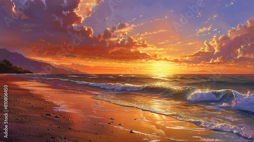 A breathtaking sunset over a tranquil beach, with golden hues painting the sky and gentle waves lapping at the shore.