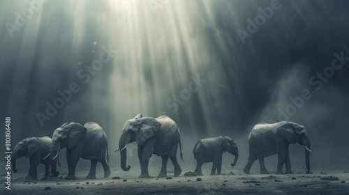 An emotional picture capturing a herd of elephants bonding in dramatic low key lighting