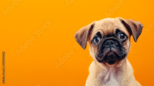 Pug puppy looking at the camera on orange background.