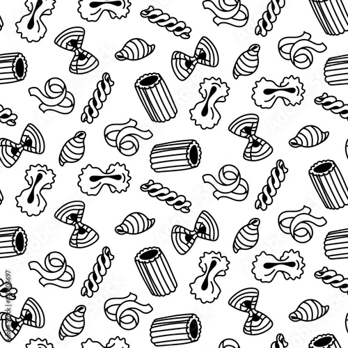 A pattern of different types of contoured pasta. Suitable for decorating with culinary themes inspired by Italian cuisine. Homogeneous texture of several versions of Italian flour pasta on a white