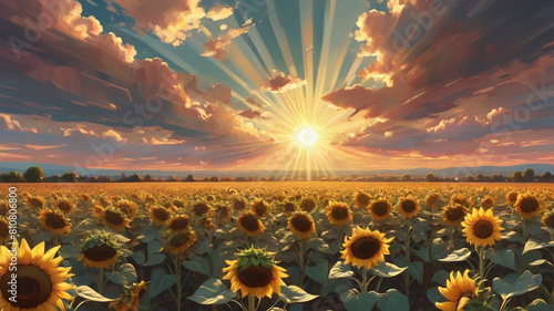 sunflower field with rays of sunlight, lots of clouds,4k, art nouveau style, sunset colours, very detailed