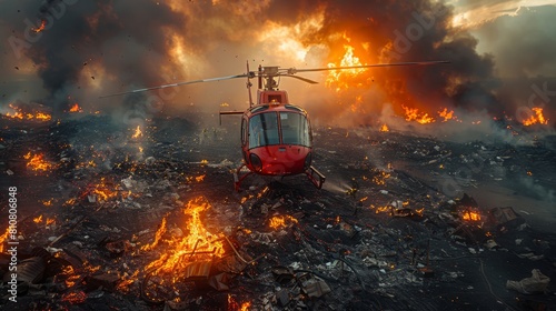 A snapshot from a rescue helicopter monitors the devastating path of a fire, leaving a trail of ruin and destruction in the countryside. photo