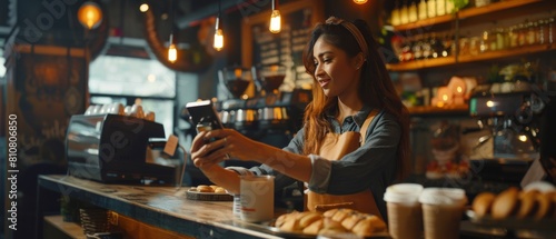 An ethnically diverse woman gives a customer a payment terminal that uses NFC technology on their smartphone to pay for take-away latte and pastry. photo