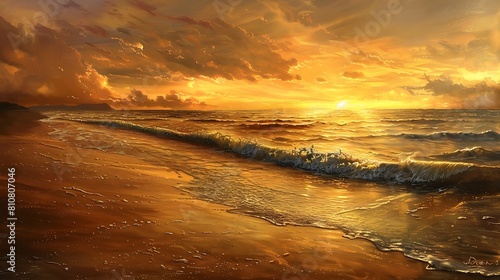 A breathtaking sunset over a tranquil beach, with golden hues painting the sky and gentle waves lapping at the shore.