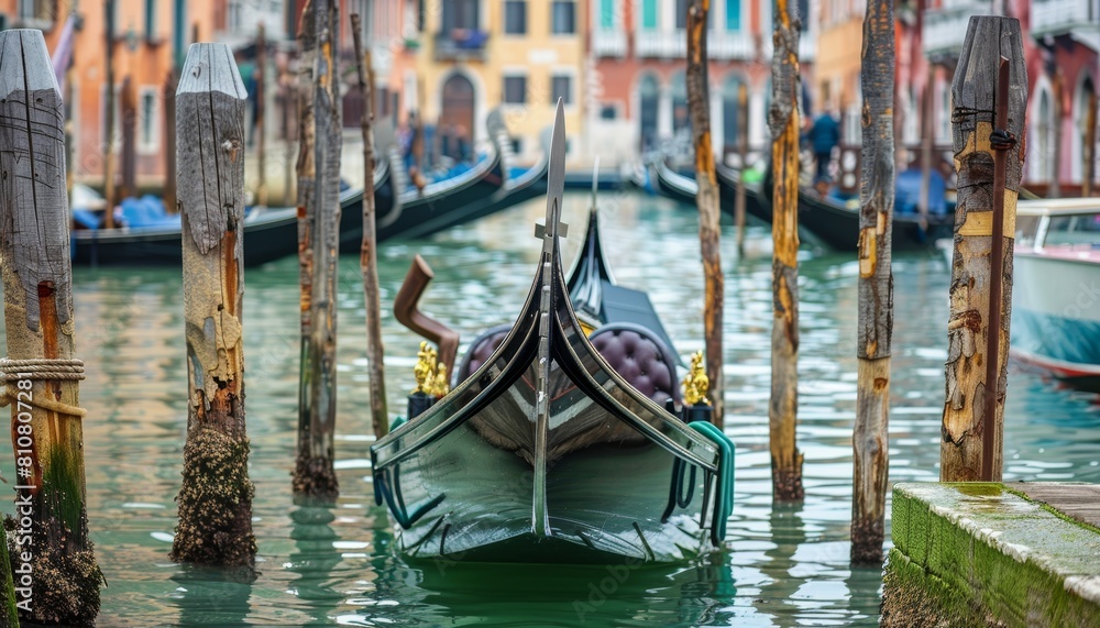 Gondola ormeggiata su palafitte in legno nel Canal Grande, Venezia, Italia