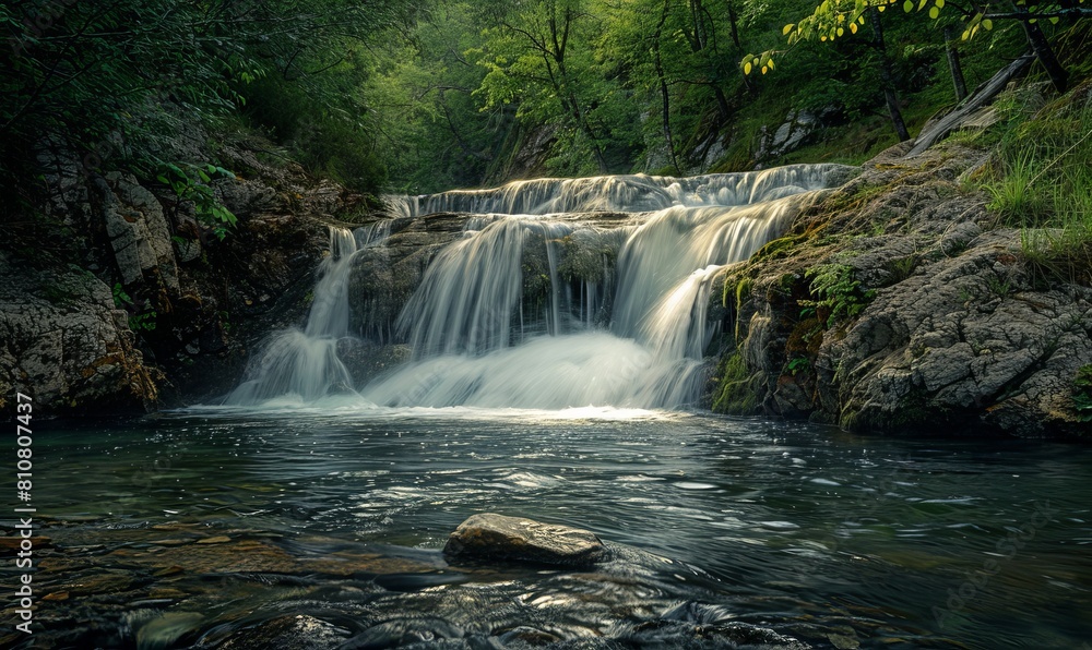 Fototapeta premium A cascading waterfall over dark rock