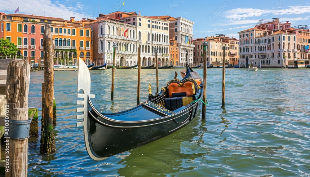 Gondola ormeggiata su palafitte in legno nel Canal Grande, Venezia, Italia