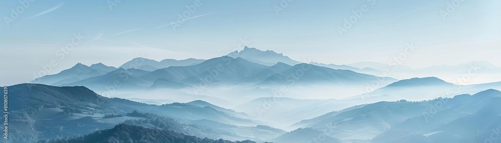 Focus a Mountain Range and Valleys, with Fog, On the right side free space, photography, Mountain Retreat advertisement concept