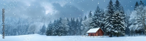 Focus a Snowy Landscape and Pine Trees, with a Cabin, On the right side free space, photography, Winter Retreat advertisement concept © pawimon
