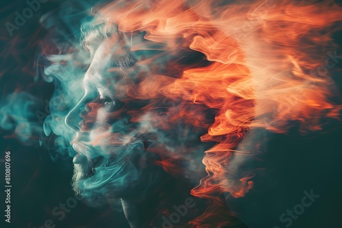 A man face distorted by smoke, with the smoke taking on a fiery orange hue. Concept of chaos and confusion
