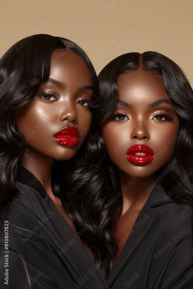 With a neutral backdrop, these women feature bold red lips, dark hair, and a powerful, shared gaze toward the camera With a neutral backdrop, these women feature bold red lips, dark hair, and a powerful, shared gaze toward the camera