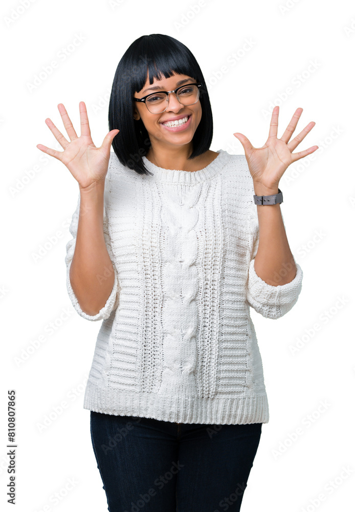 Beautiful young african american woman wearing glasses over isolated background showing and pointing up with fingers number ten while smiling confident and happy. Beautiful young african american woman wearing glasses over isolated background showing and pointing up with fingers number ten while smiling confident and happy.