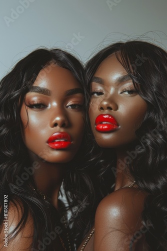 These images feature two women with glossy red lips and beautifully styled black hair against a soft background