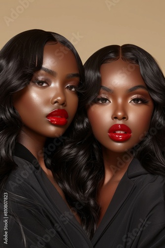 With a neutral backdrop  these women feature bold red lips  dark hair  and a powerful  shared gaze toward the camera