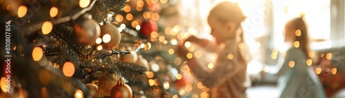 Focus on a family decorating a Christmas tree  with children hanging ornaments and parents stringing lights  in a blur of a cozy living room background  captured in panoramic style