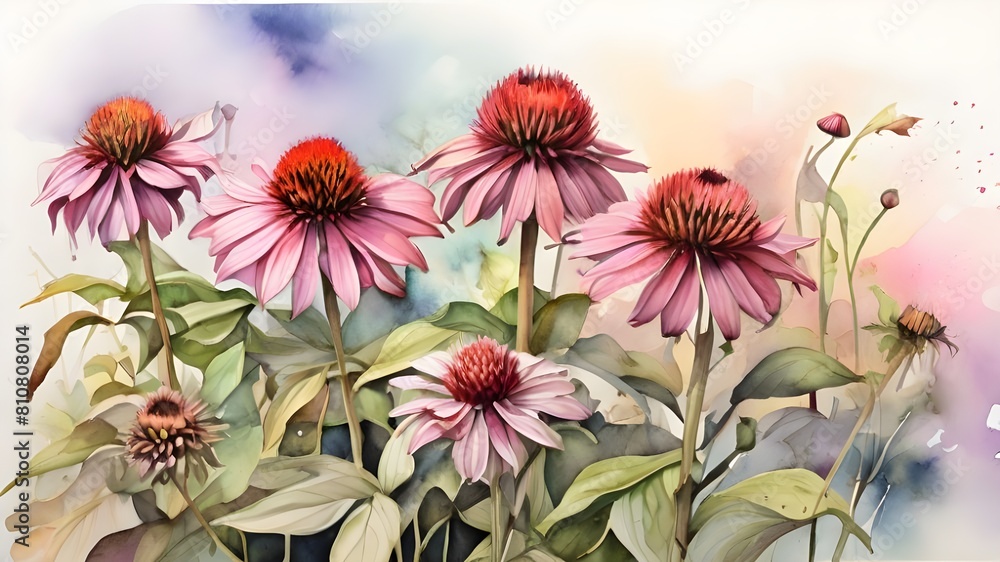 Beautiful watercolor painting of Echinacea flowers with left copy space, highlighting their immune-boosting qualities