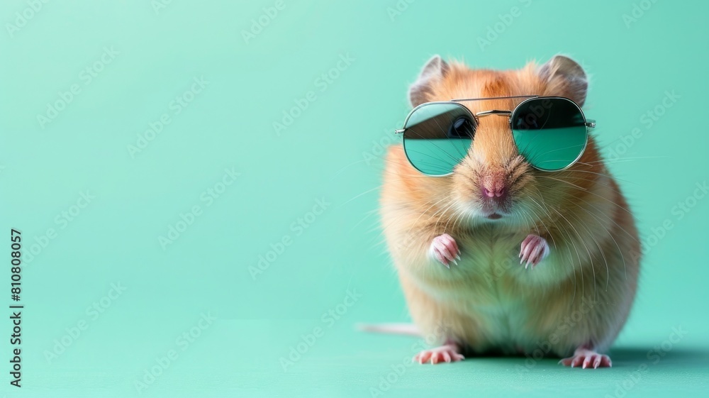 A cute hamster, peering over tiny sunglasses, sits on the right side of a mint green background, with room on the left for text, ideal for pet store promotions.