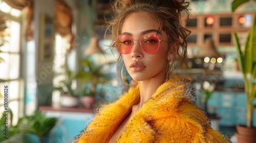 Young woman in pink sunglasses and yellow feathered coat poses indoors with a retro vibe photo