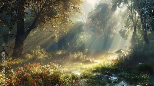 A misty morning in the forest, with sunlight filtering through the fog and illuminating the dew-covered foliage.