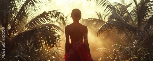 woman in red dress standing in wax palm tree forest photo