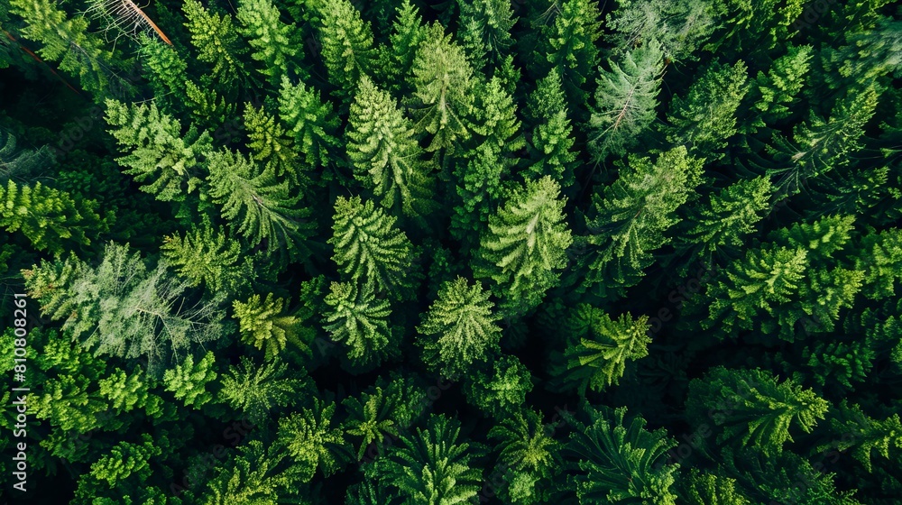 Aerial top view of summer green trees in forest