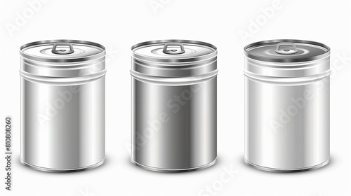 Isolated aluminium canisters in silver and white, smooth and ribbed, realistic 3D modern icons set with steel can. Pull ring on a tin can with a pull ring side view. Cylinder food jars with open