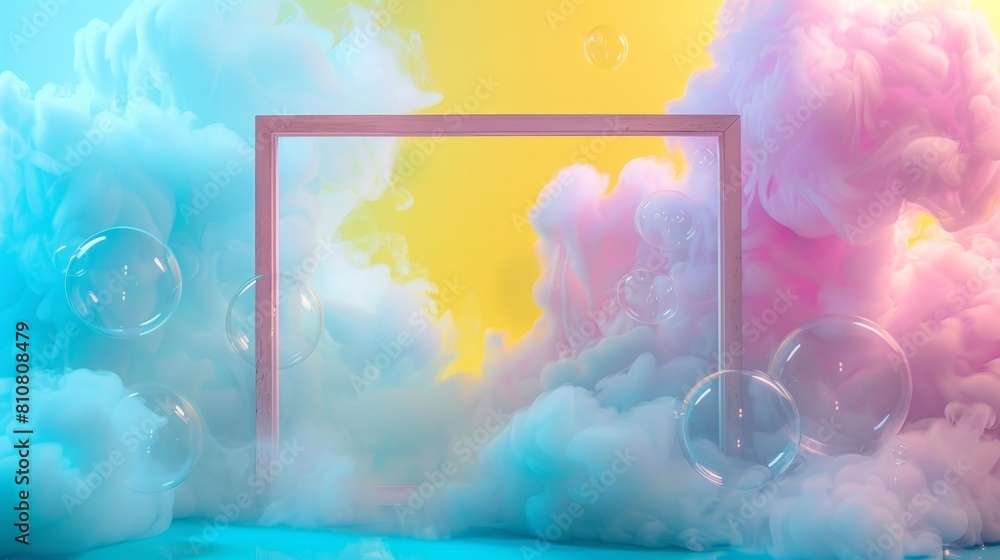 Obraz premium Dreamlike image with colorful clouds, bubbles, and a neon-lit frame creating a visual portal to another dimension