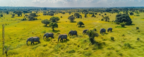 Aerial view of Elephants in the south African savanna (Biome) in Balule Nature Reserve, Maruleng, Limpopo region, South Africa. photo