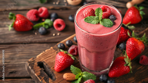 Glass of healthy smoothie and ingredients on wooden background