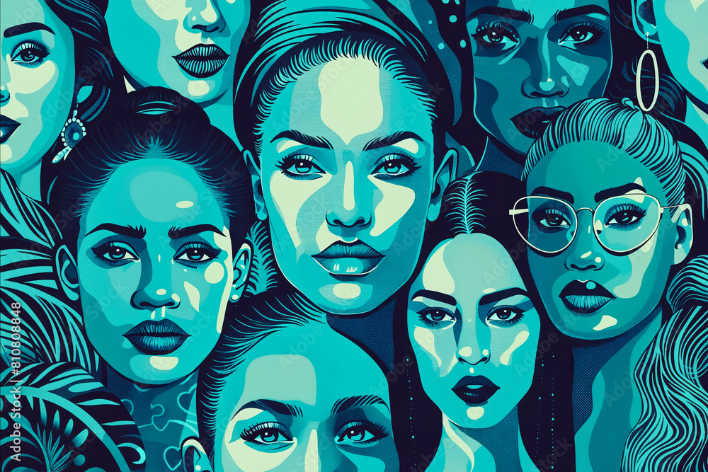 A group of women with different features and styles. The image is a collage of faces with a blue background