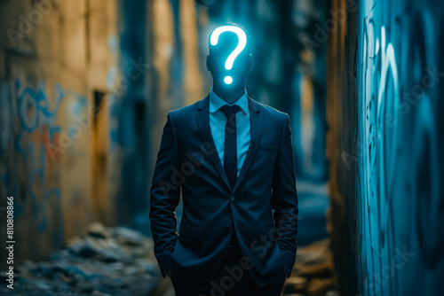 A man in a suit with a question mark on his head. The image has a mysterious and intriguing mood