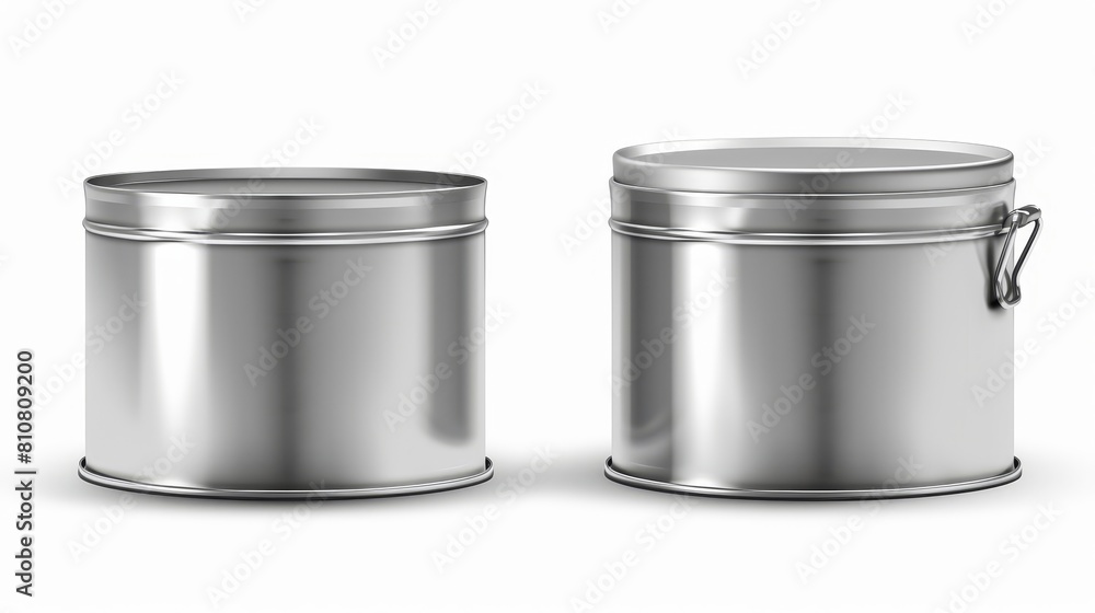 Mockup of tin can fish or pet food with pull ring top and front view, aluminium preserve canister, realistic 3d modern mockup, icons included. Mockup of tin can fish or pet food with pull ring top and front view, aluminium preserve canister, realistic 3d modern mockup, icons included.