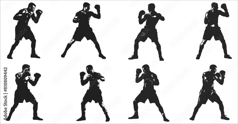 Obraz premium Black silhouettes of boxing, Silhouette of male boxing player, Boxing fighter silhouette, Boxing silhouette set, Silhouette of black boxers, Boxer men black icon, Men boxer silhouette, Boxing, Boxer